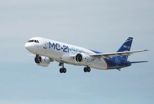 MC-21 bei einem Testflug, © Sergey Mamontov/Sputnik/dpa