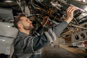 Techniker wartet konzentriert Leitungen an einem Flugzeug mit beiden Händen, © Adobe Stock/Yaroslav Astakhov
