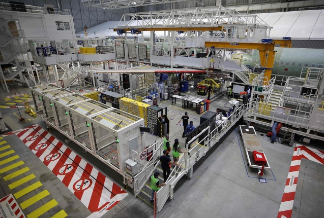 Das A321-Montageband des Airbus-Werks Jean-Luc Lagardere in Cornebarrieu, Südwestfrankreich., © DPA/Valentine Chapuis