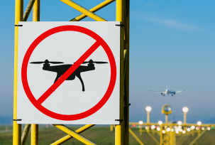 Hinweisschild auf eine Drohnenverbotszone an einem Flughafen., © DLR