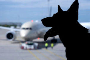 Hund Kira (Schäferhund) sitzt am Flughafen München am Terminal an einem Fenster., © DPA/Sven Hoppe