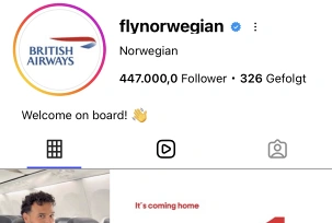 Instagram-Seite von Norwegian im British-Airways-Look., © Norwegian