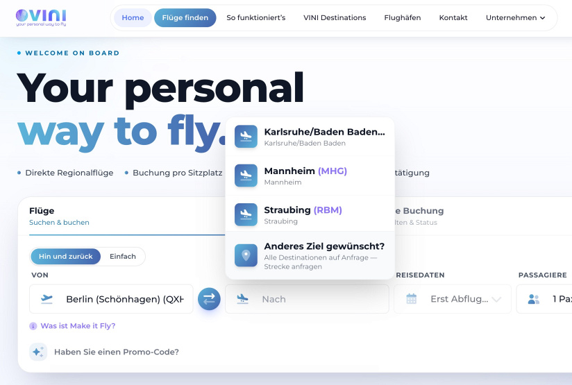 "Make It Fly": Vini startet On-Demand-Buchungsmodell für Regionalflüge, © Flyvini